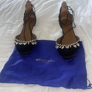 Aquazzura Black Satin Crystal Embellished Ankle Wrap Ballet Flats Size 39.5